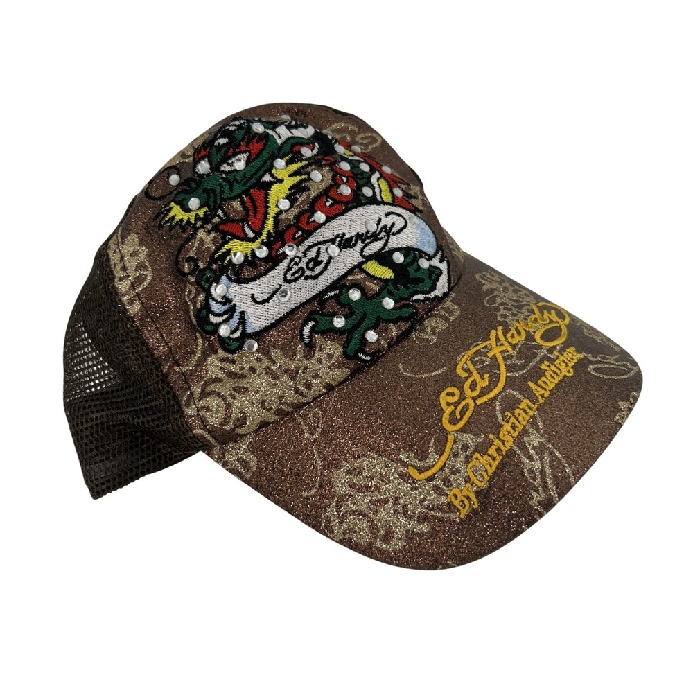 Vintage Ed Hardy Hat Trucker Snap Back One Size Dragon Tattoo Rhinestone Y2K
